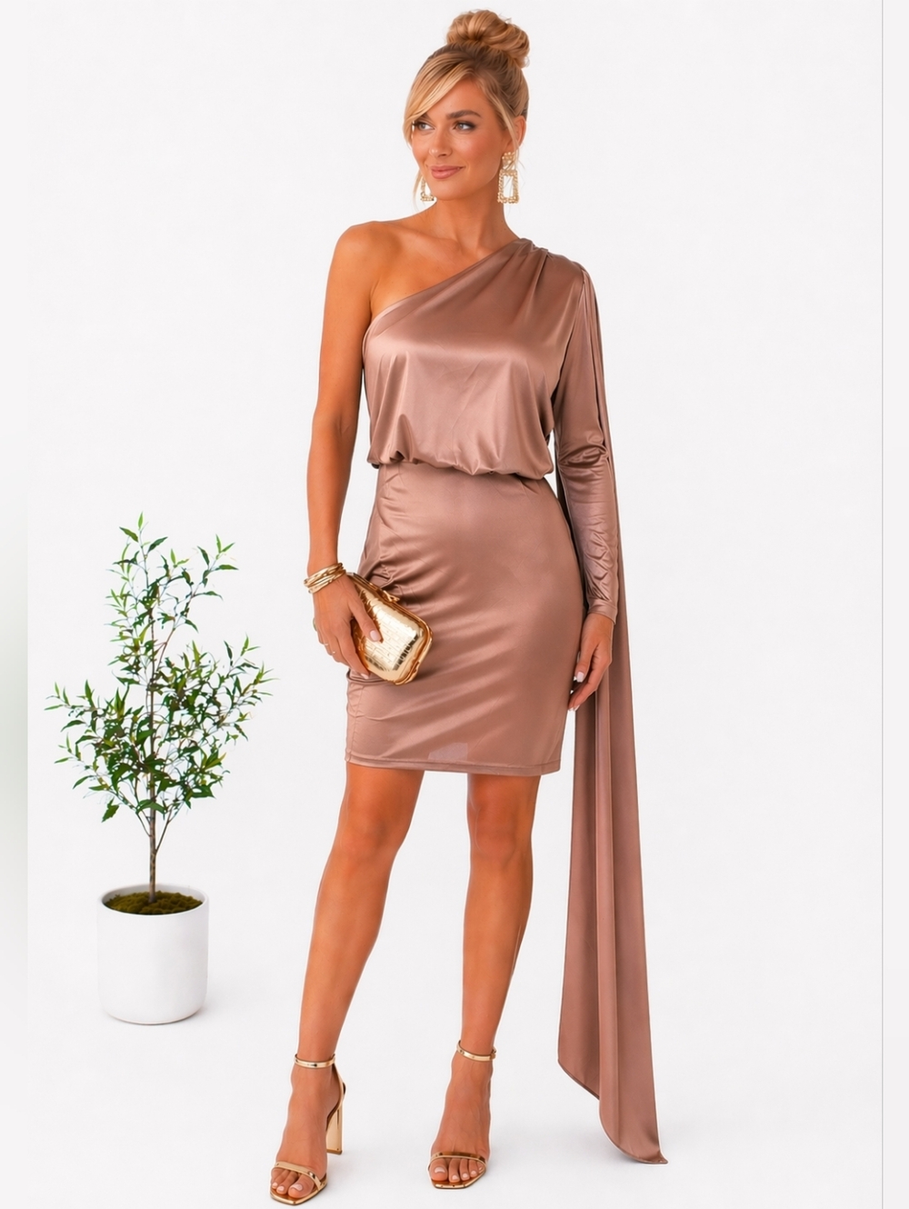 One-Shoulder Satin Cocktail Dress in Mocha